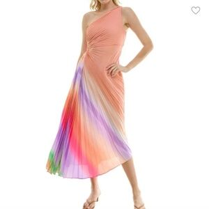 NWT NICOLE MILLER One Shoulder Pleated Peach Rainbow Cutout Midi Dress Size 10